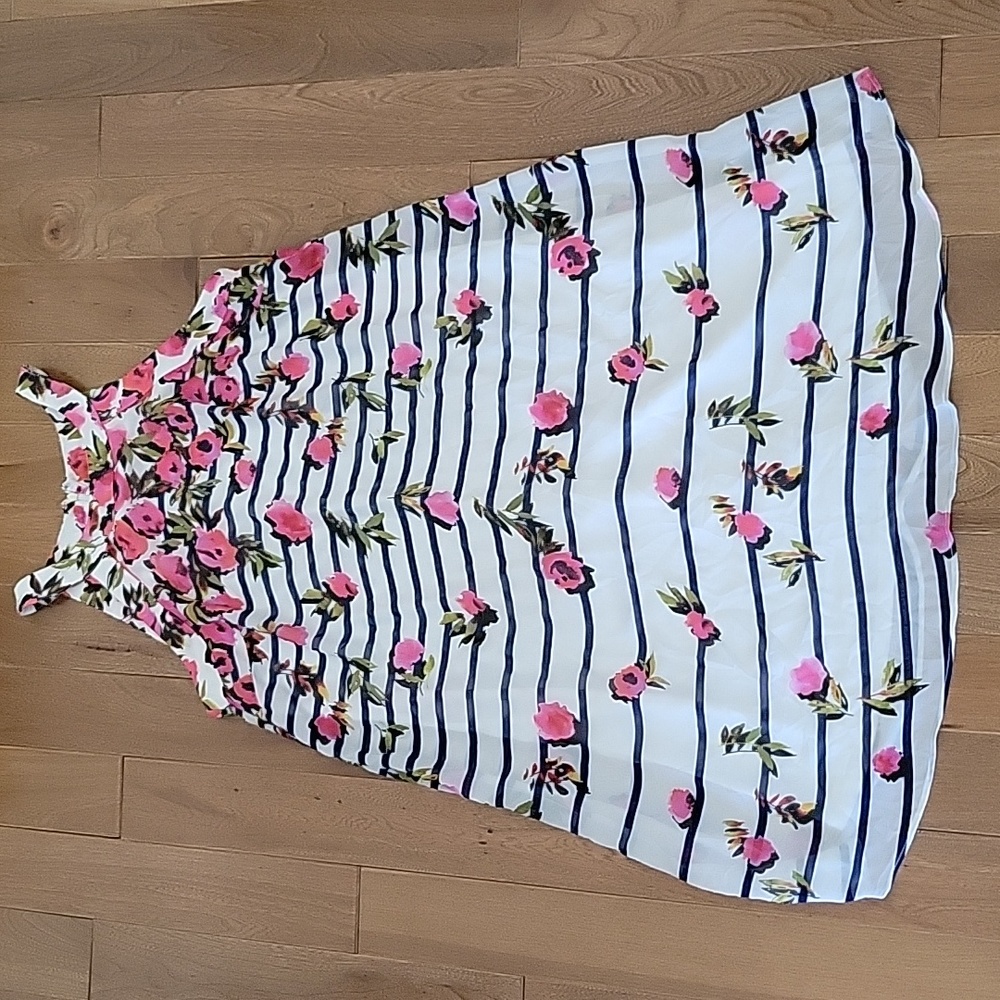 Betsey‎ Johnson Y2K White High Neck Mini Dress Stripe and Floral 8
